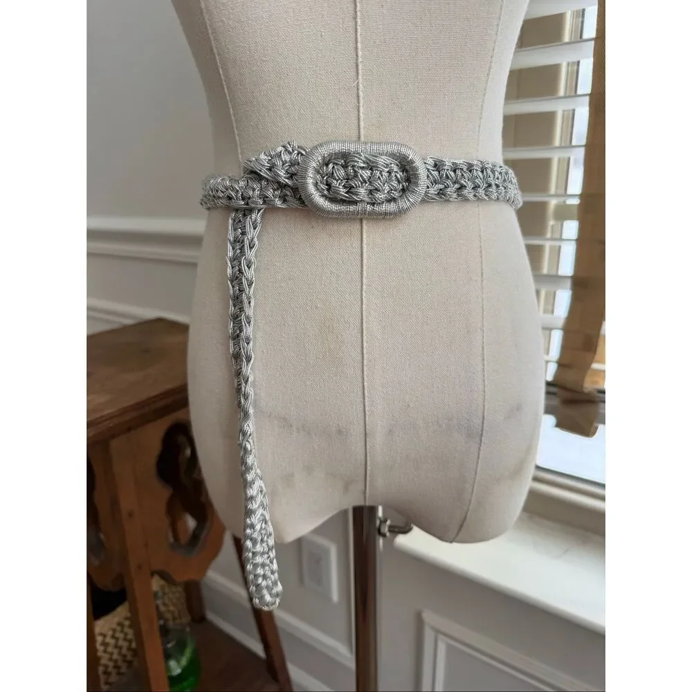 Vintage Silver Metallic Braided Belt Woven Adjustable S M L